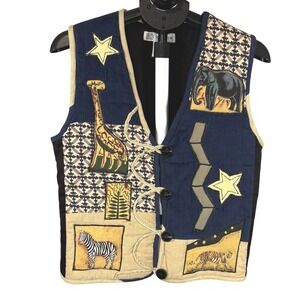 Chrysantheme Womens Small Safari Animal Patchwork Cotton Vest Navy Blue‎ Giraffe